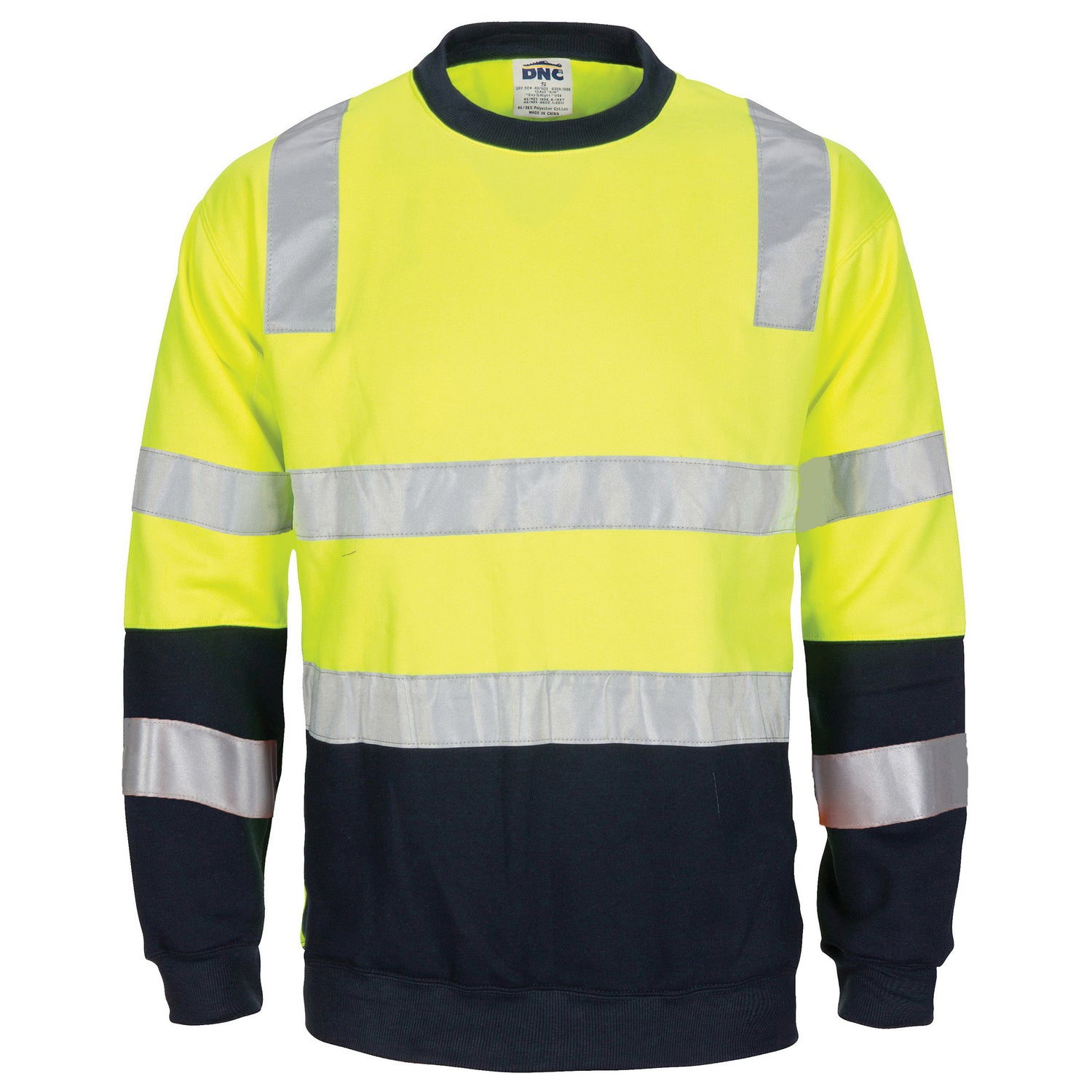 DNC HIVIS 2 tone, crew-neck fleecy sweat shirt with shoulders, double hoop body and arms CSR R/Tape.
Product Code: 3723