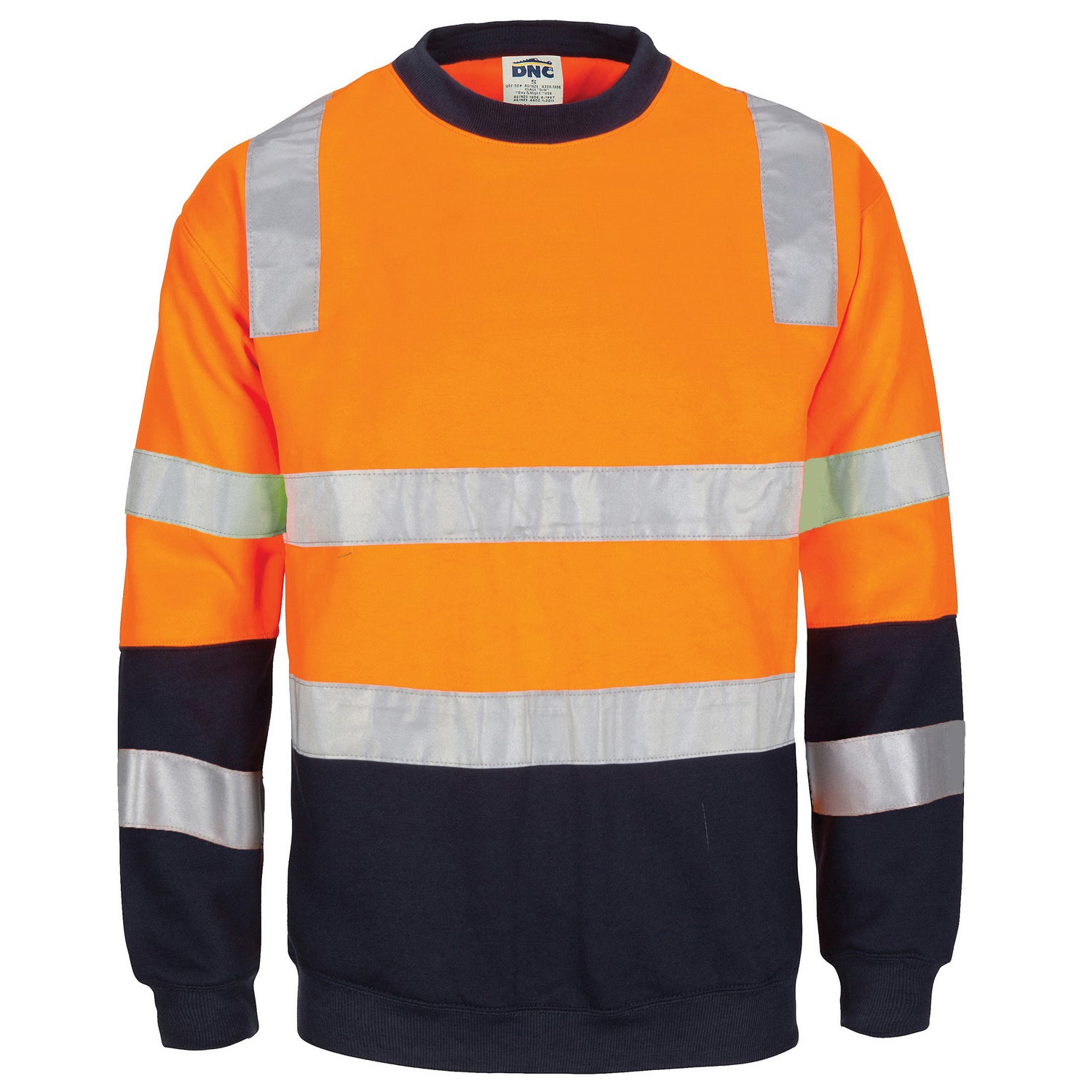 DNC HIVIS 2 tone, crew-neck fleecy sweat shirt with shoulders, double hoop body and arms CSR R/Tape.
Product Code: 3723